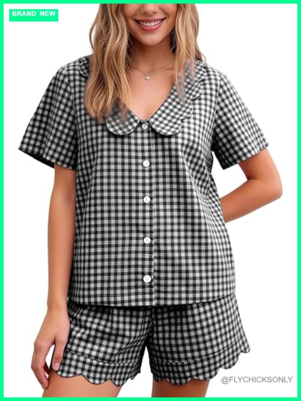 Gingham Pajama Set Cotton Scalloped Collar Pjs Shorts Lounge Set